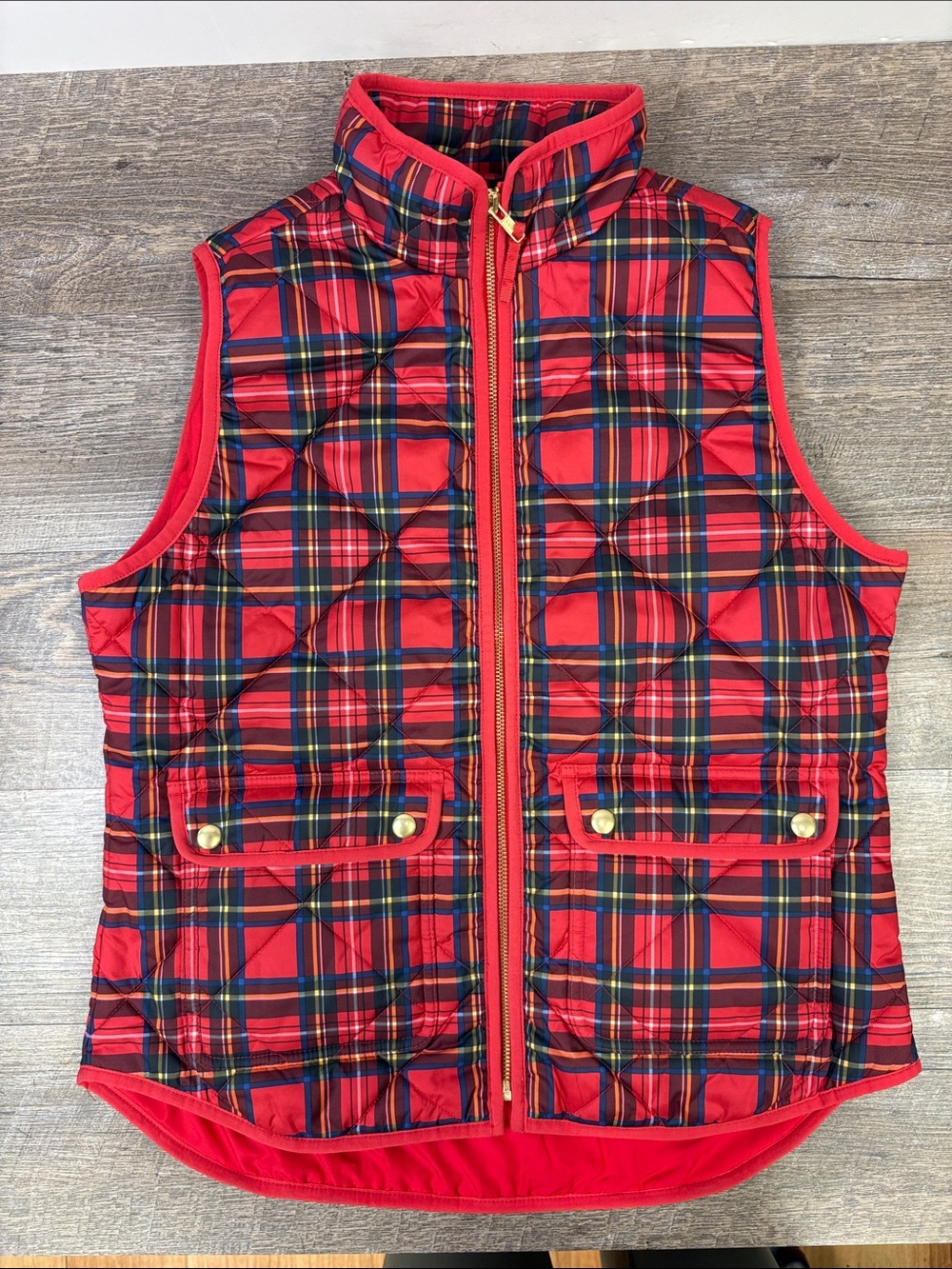 J. Crew Quilted Tartan Plaid Puffer Vest Red Gold Hardware Size S